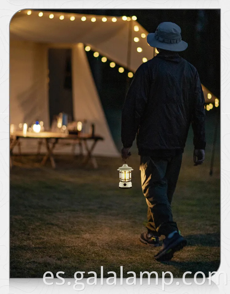 Linterna LED portátil para acampar con diseño retro y batería recargable